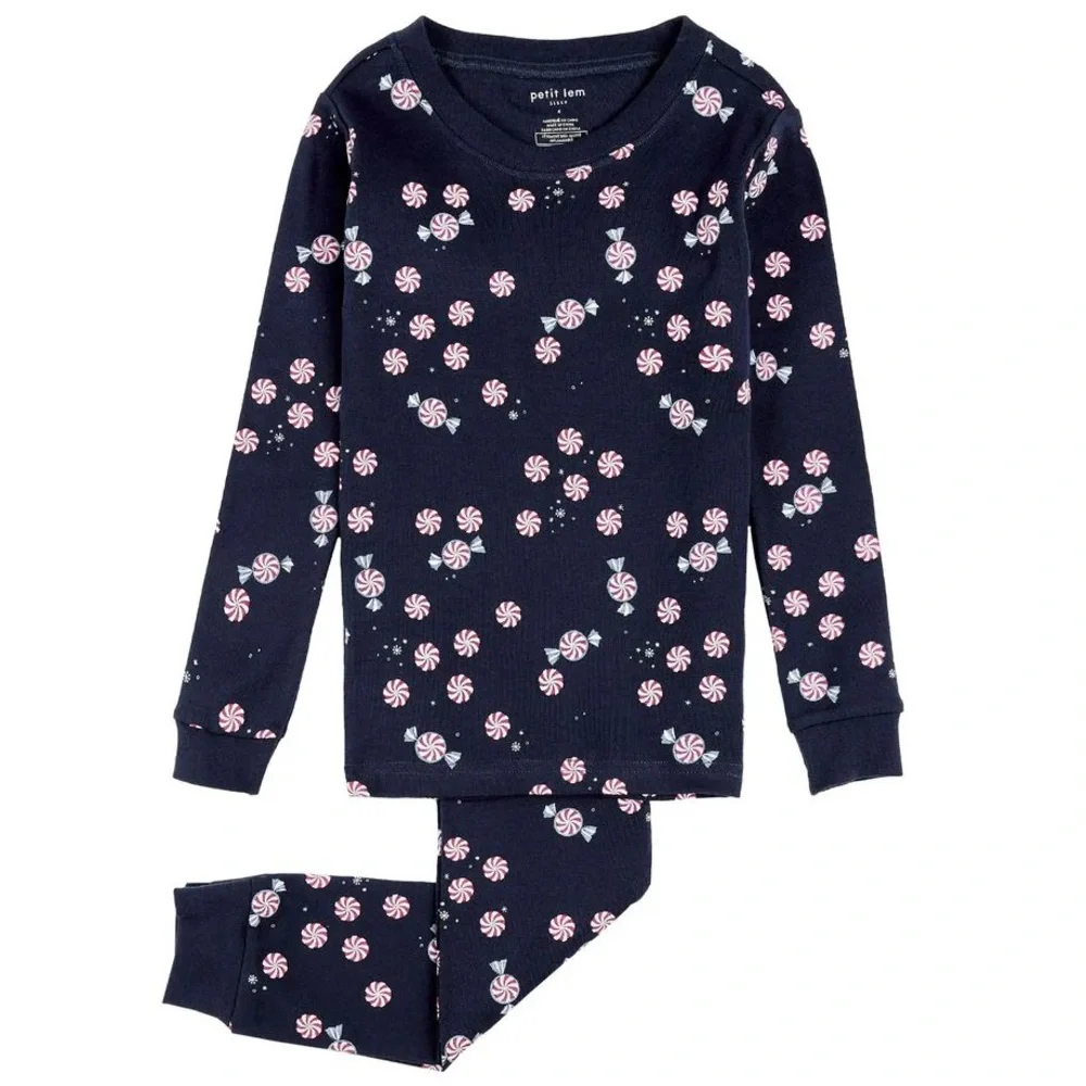 Petit Lem Navy Blue Peppermint Starlight Spiral Holiday Pajama Set NWT